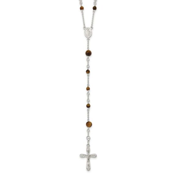 Kazi Luxury Sterling Silver Polished Tiger Eye Bead Rosary 33 inch Necklace